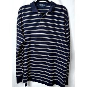 Polo Ralph Lauren Mens Size XXL Navy Blue White Striped Long Sleeve Polo Shirt